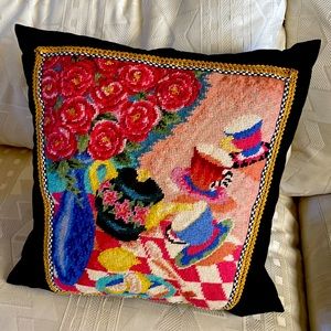 Beautiful tapestry accent pillow with gold trim, black velvet